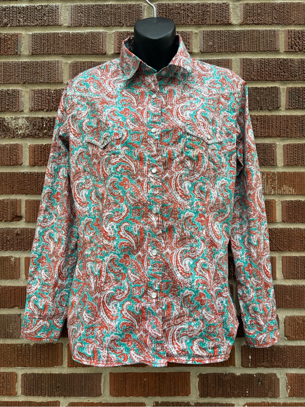 Panhandle Rough women’s Sz M green orange Paisley Pearl Snap Western Shirt